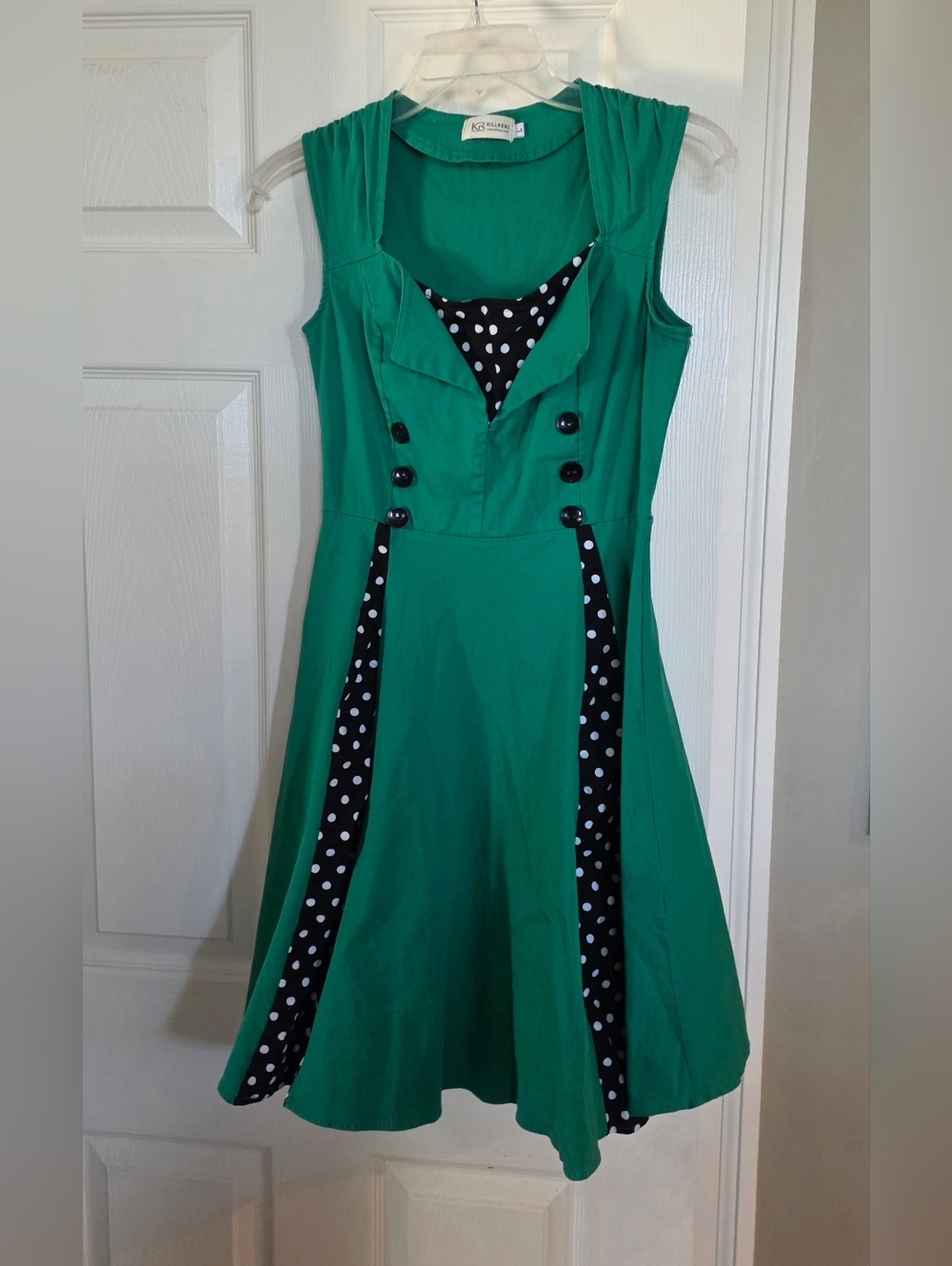 KillReal Rockabilly Green Sleeveless Swing Pin Up Dress Polka Dot Large